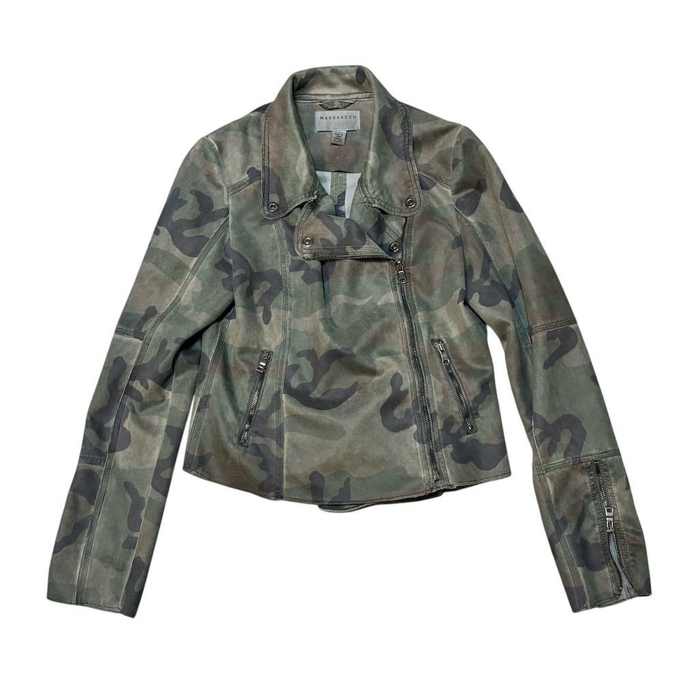 Marrakech‎ Anthropologie Women's XS Camo Sueded Moto Jacket Green